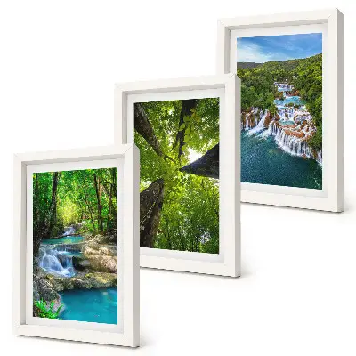 Photo frame wall featuring a green forest waterfall landscape with crystal clear water