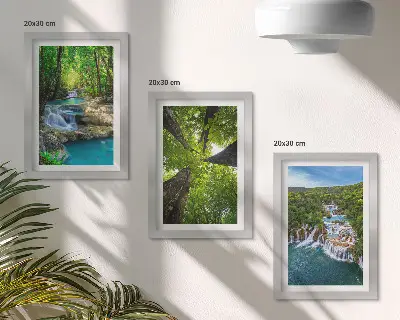 Photo frame wall featuring a green forest waterfall landscape with crystal clear water