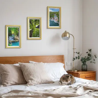 Photo frame wall featuring a green forest waterfall landscape with crystal clear water