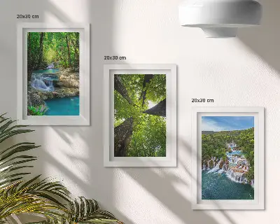 Photo frame wall featuring a green forest waterfall landscape with crystal clear water