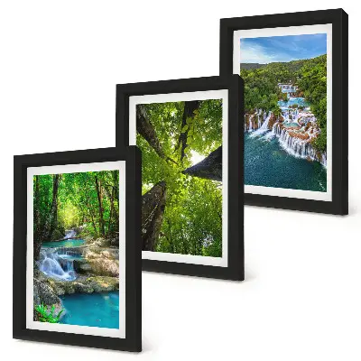 Photo frame wall featuring a green forest waterfall landscape with crystal clear water