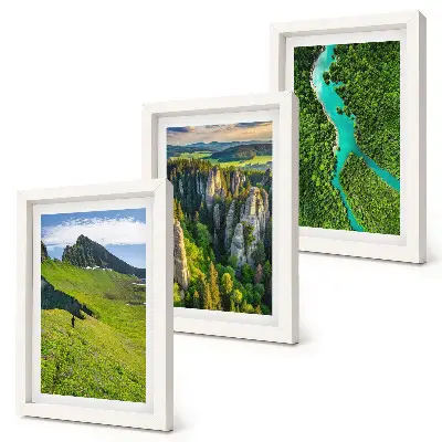 Green mountain landscapes with a river and rocks framed triptych