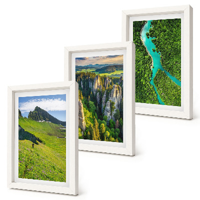 Framed triptych Green mountain landscapes with a river and rocks