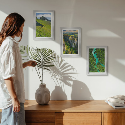 Framed triptych Green mountain landscapes with a river and rocks