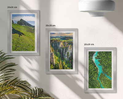 Framed triptych Green mountain landscapes with a river and rocks