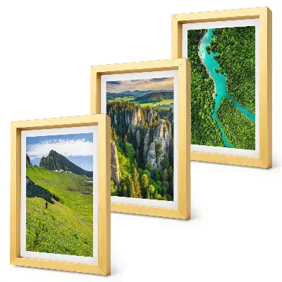 Green mountain landscapes with a river and rocks framed triptych