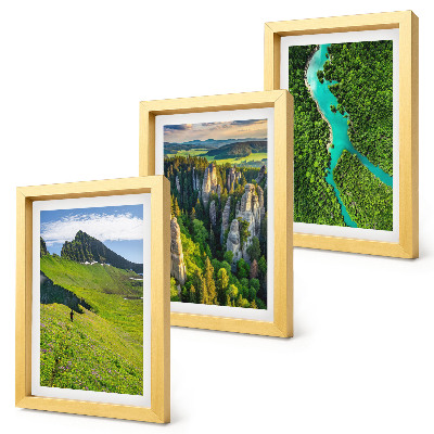 Framed triptych Green mountain landscapes with a river and rocks