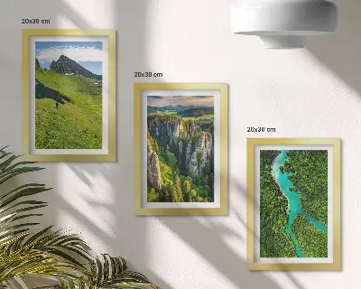 Green mountain landscapes with a river and rocks framed triptych