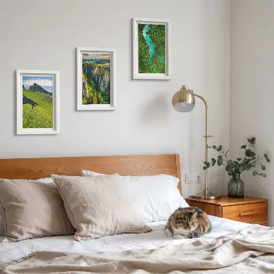 Green mountain landscapes with a river and rocks framed triptych