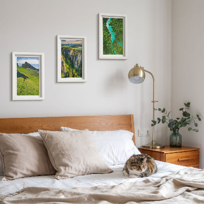 Framed triptych Green mountain landscapes with a river and rocks