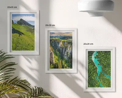 Green mountain landscapes with a river and rocks framed triptych