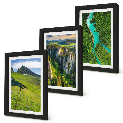 Framed triptych Green mountain landscapes with a river and rocks