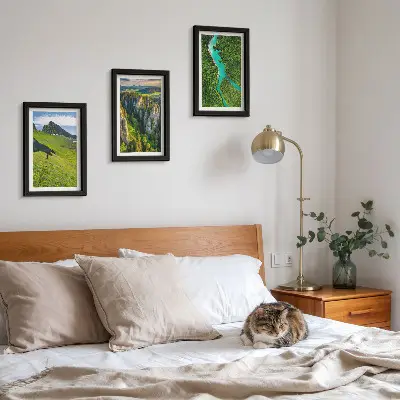 Green mountain landscapes with a river and rocks framed triptych