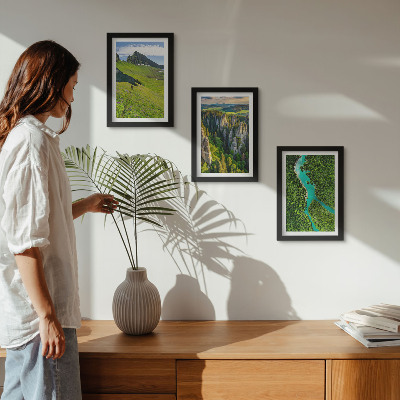 Framed triptych Green mountain landscapes with a river and rocks