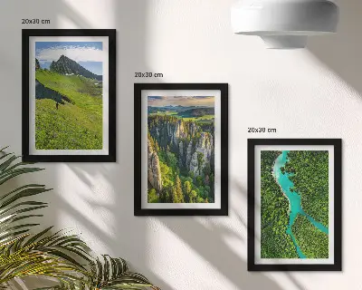 Green mountain landscapes with a river and rocks framed triptych