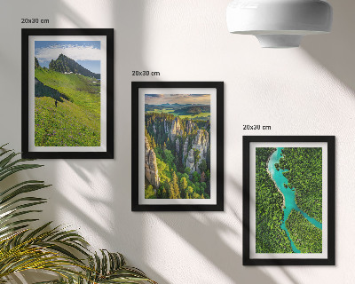 Framed triptych Green mountain landscapes with a river and rocks