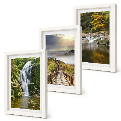 Framed triptych Waterfalls, mountains, cloud paths and autumn views