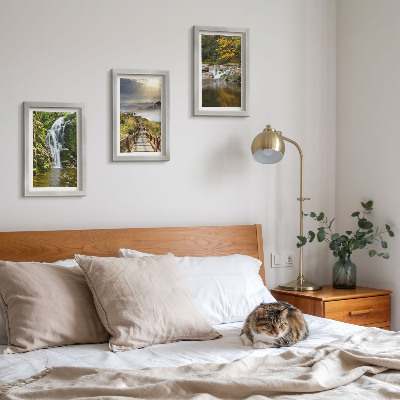 Framed triptych Waterfalls, mountains, cloud paths and autumn views