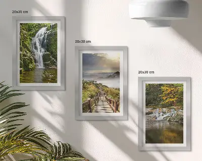 Waterfalls, mountains, cloud paths and autumn views framed triptych