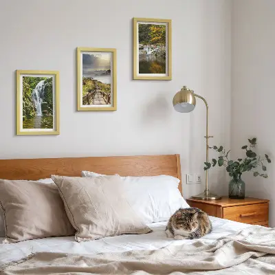 Waterfalls, mountains, cloud paths and autumn views framed triptych