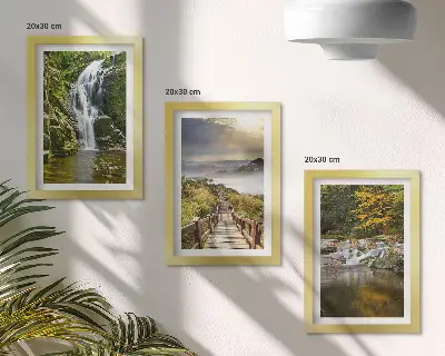 Waterfalls, mountains, cloud paths and autumn views framed triptych