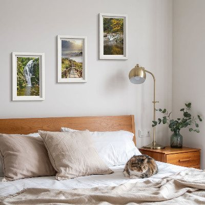 Framed triptych Waterfalls, mountains, cloud paths and autumn views