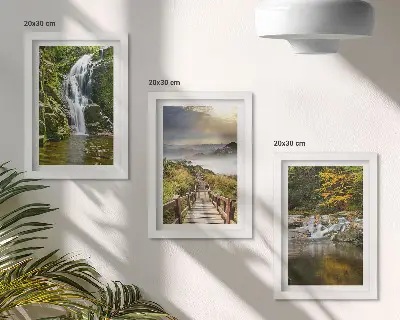 Waterfalls, mountains, cloud paths and autumn views framed triptych