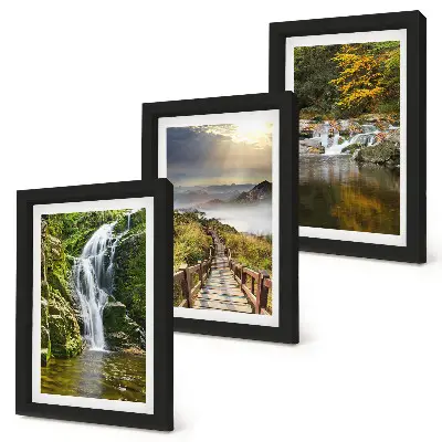 Waterfalls, mountains, cloud paths and autumn views framed triptych