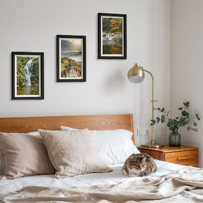 Framed triptych Waterfalls, mountains, cloud paths and autumn views
