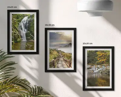 Waterfalls, mountains, cloud paths and autumn views framed triptych