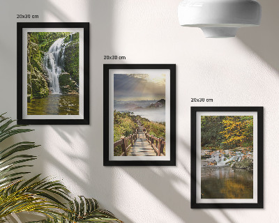 Framed triptych Waterfalls, mountains, cloud paths and autumn views