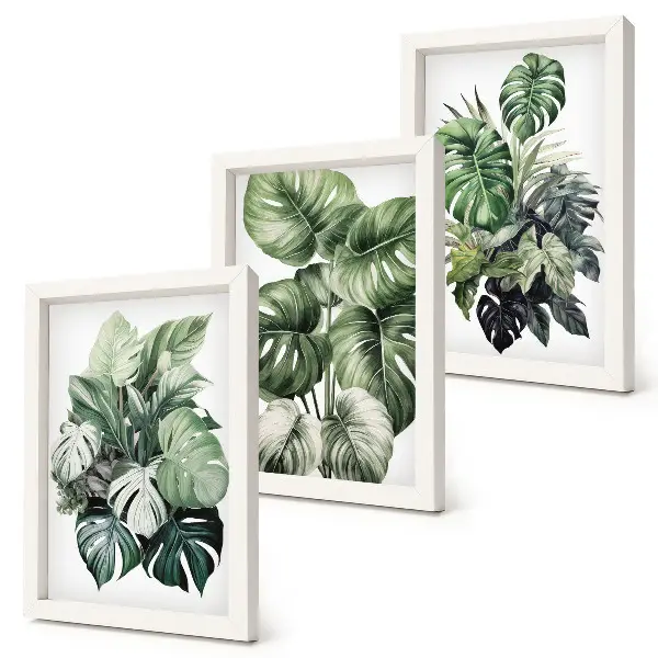 Green leaves of tropical plants watercolor painting framed triptych