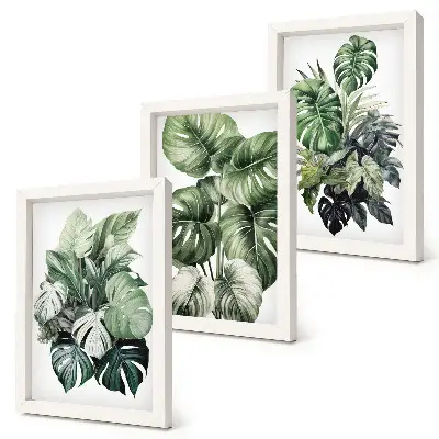 Green leaves of tropical plants watercolor painting framed triptych