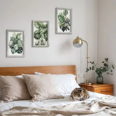 Green leaves of tropical plants watercolor painting framed triptych