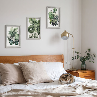 Framed triptych Green leaves of tropical plants watercolors