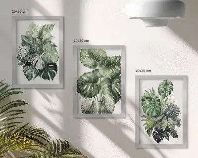 Green leaves of tropical plants watercolor painting framed triptych