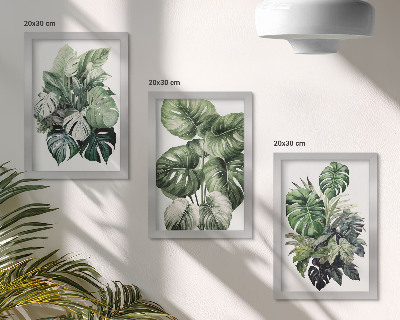 Framed triptych Green leaves of tropical plants watercolors