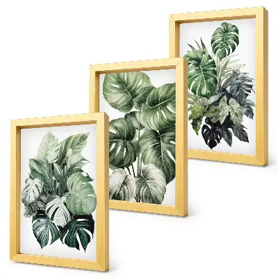 Green leaves of tropical plants watercolor painting framed triptych