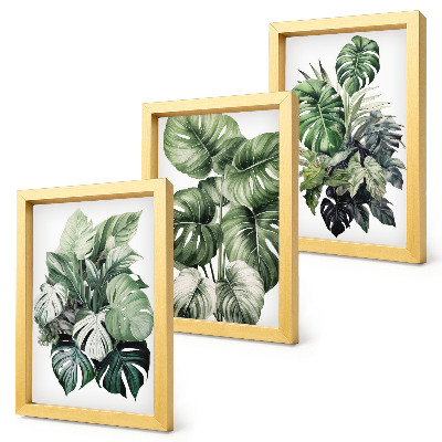 Framed triptych Green leaves of tropical plants watercolors