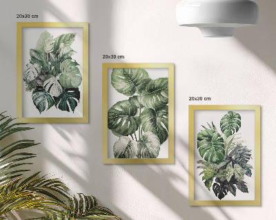 Framed triptych Green leaves of tropical plants watercolors