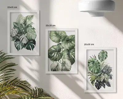Green leaves of tropical plants watercolor painting framed triptych