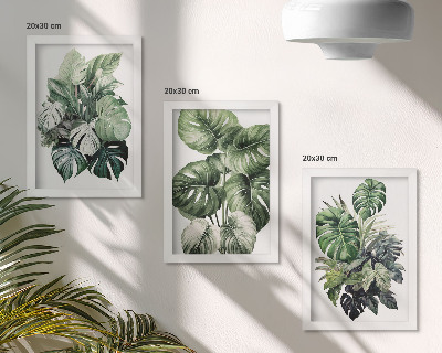 Framed triptych Green leaves of tropical plants watercolors