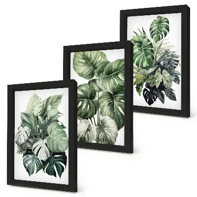 Green leaves of tropical plants watercolor painting framed triptych