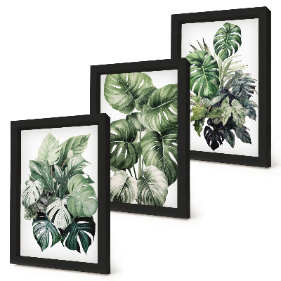 Framed triptych Green leaves of tropical plants watercolors