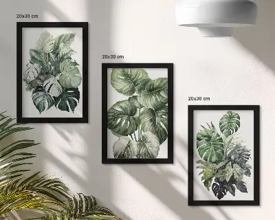 Green leaves of tropical plants watercolor painting framed triptych