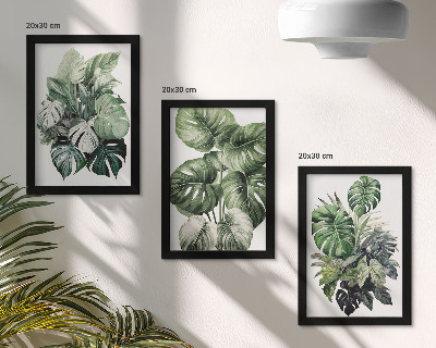 Framed triptych Green leaves of tropical plants watercolors