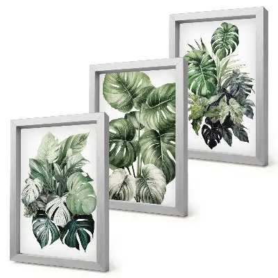 Green leaves of tropical plants watercolor painting framed triptych