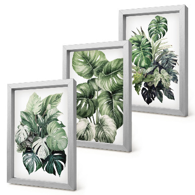 Framed triptych Green leaves of tropical plants watercolors