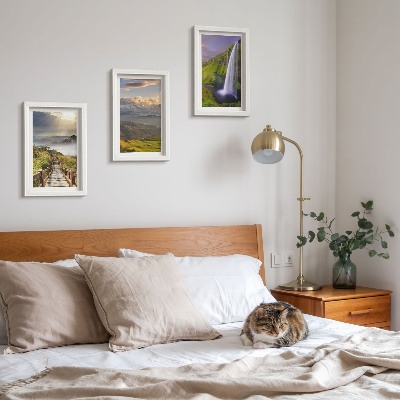 3-piece wall art set Picturesque mountain landscapes with a waterfall and a path