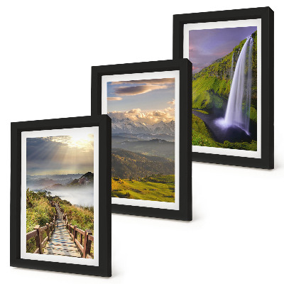 3-piece wall art set Picturesque mountain landscapes with a waterfall and a path